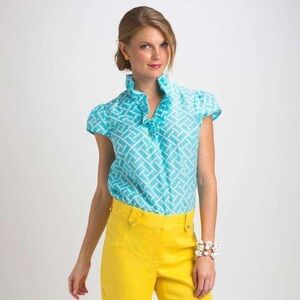 Elizabeth McKay 100% Silk Elizabeth Ruffled Blouse in Eden Turquoise, size 6